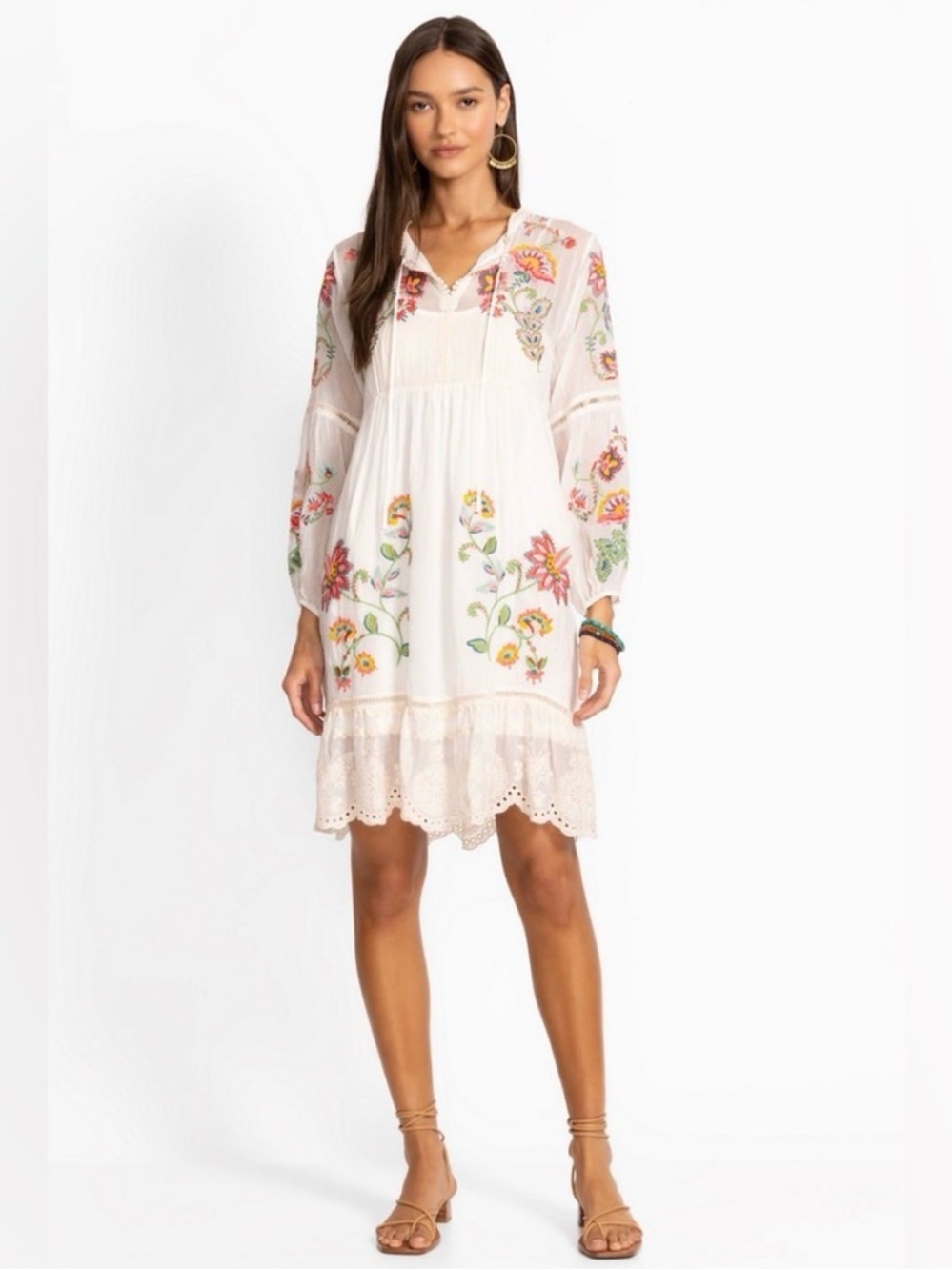 Johnny Was Dress Womens White Embroidered Floral Eyelet Lace Tunic Small Boho